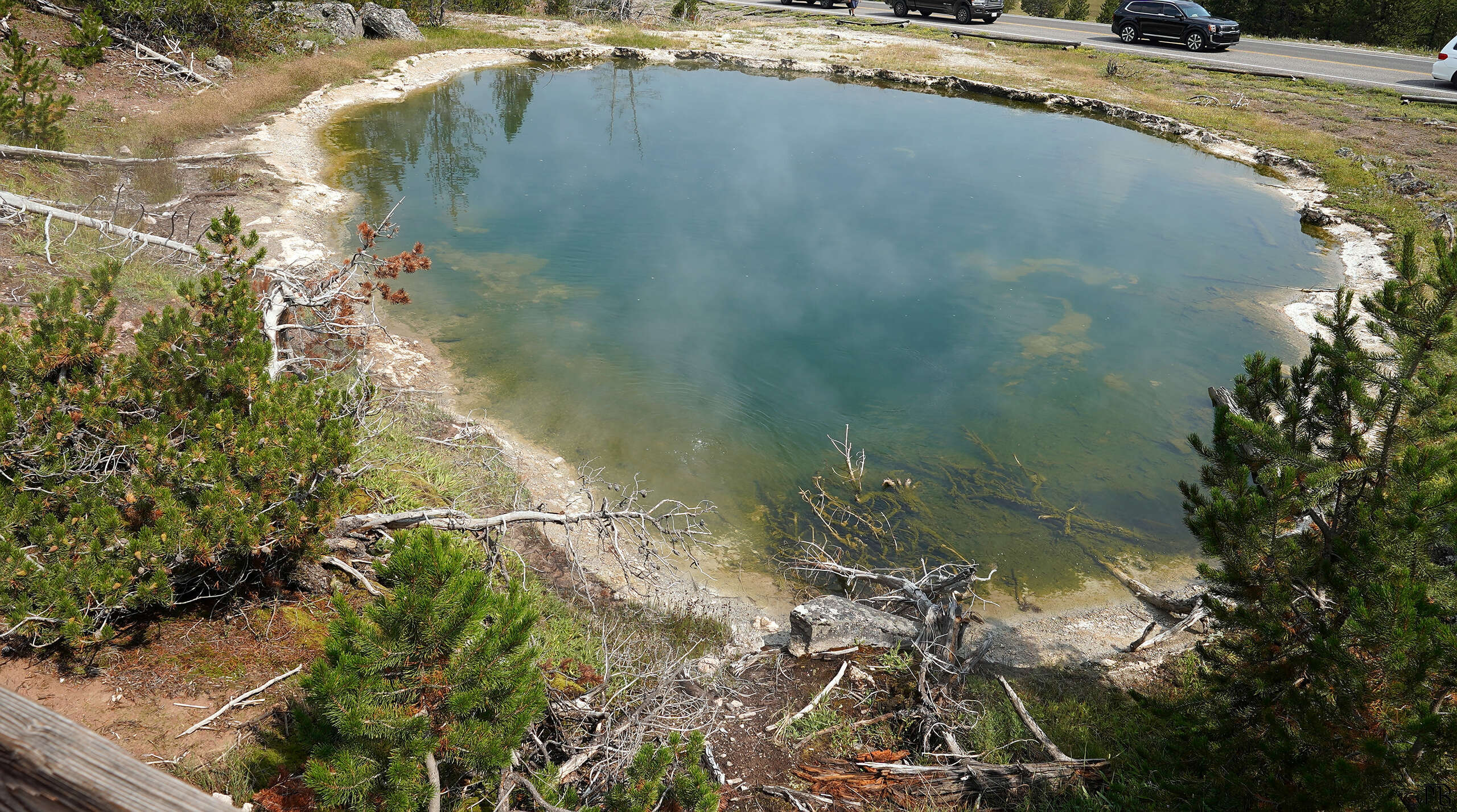 A blue green hot spring