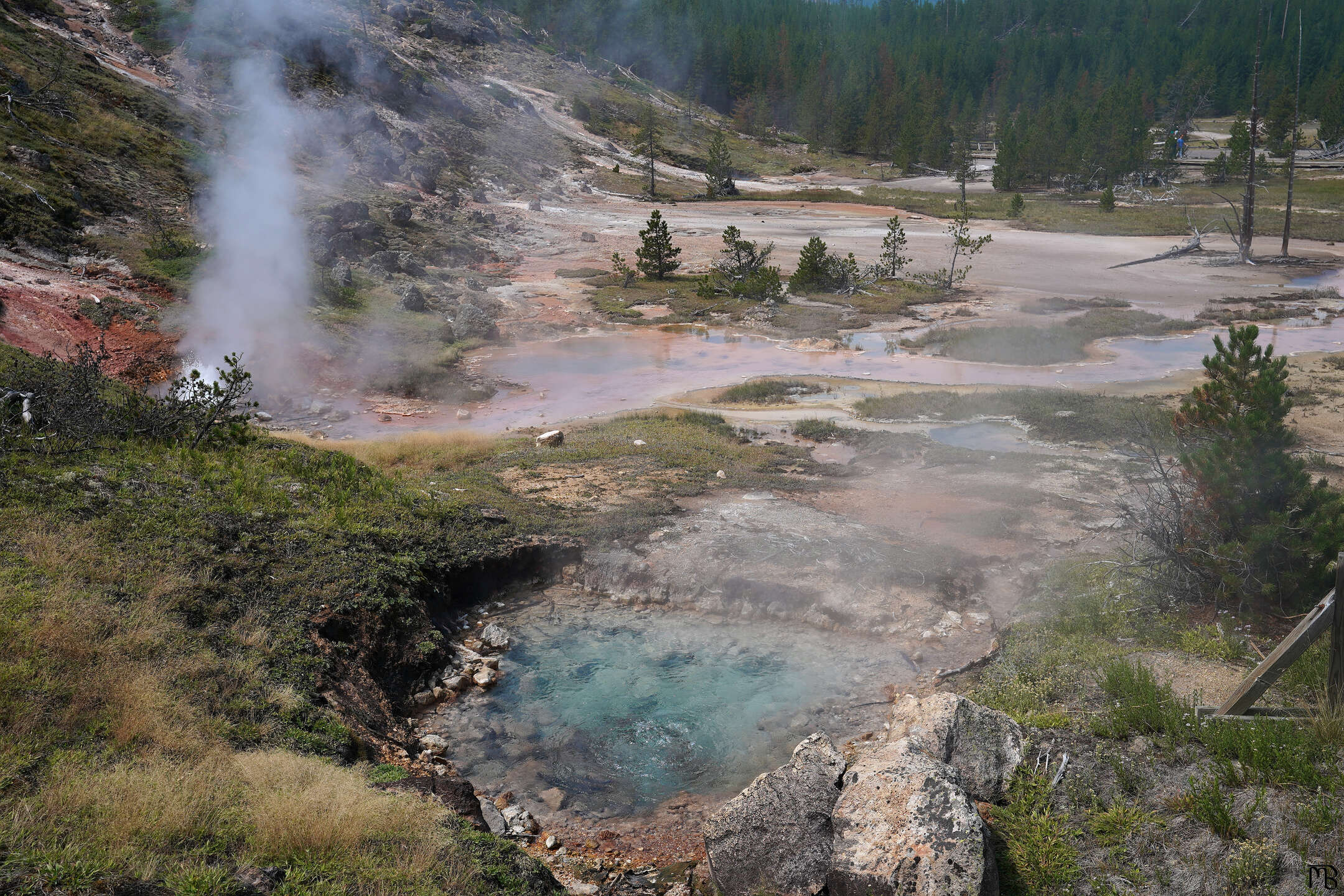 Blue spring near a geyser going off