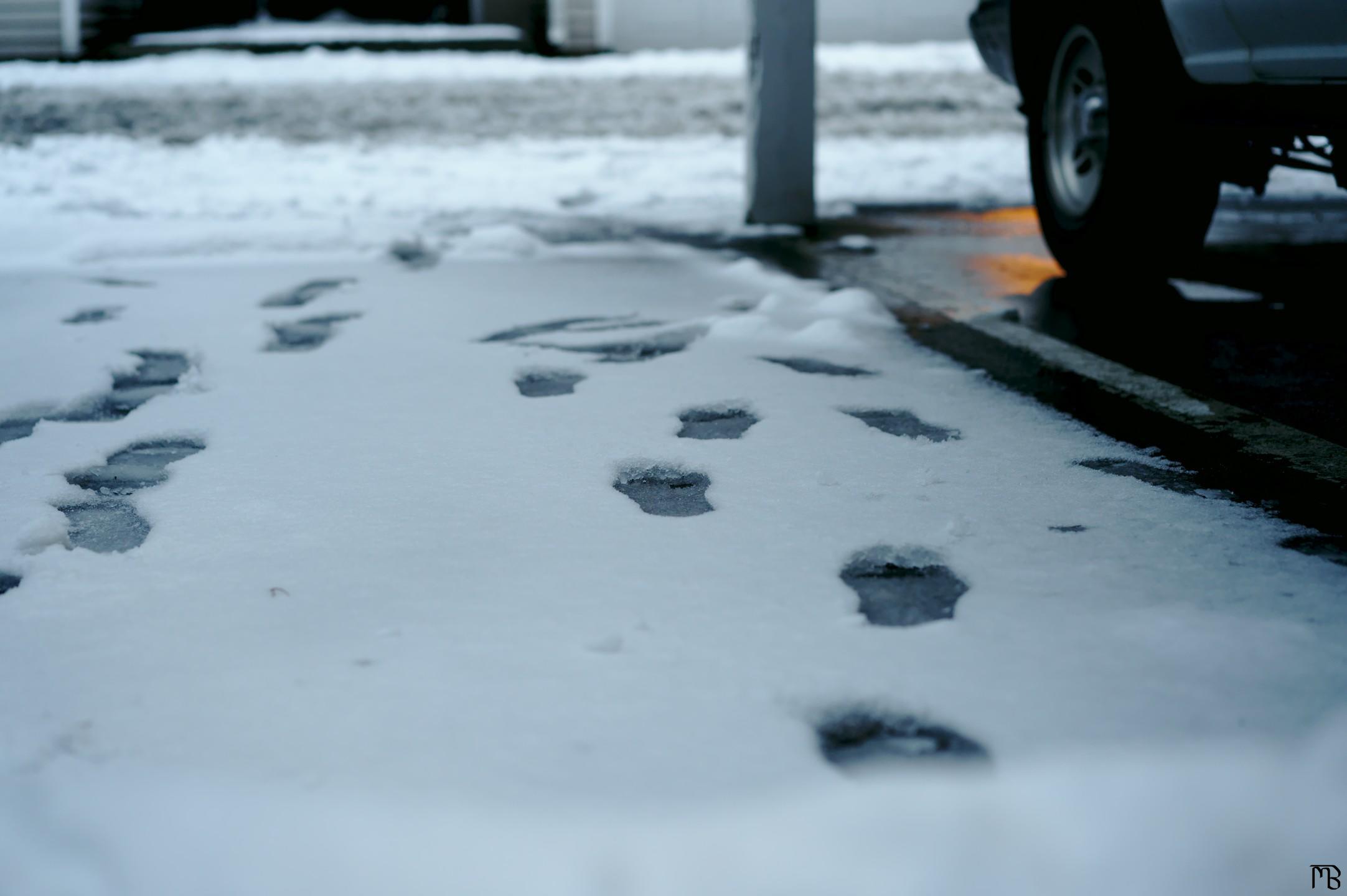 Steps in the snow near car