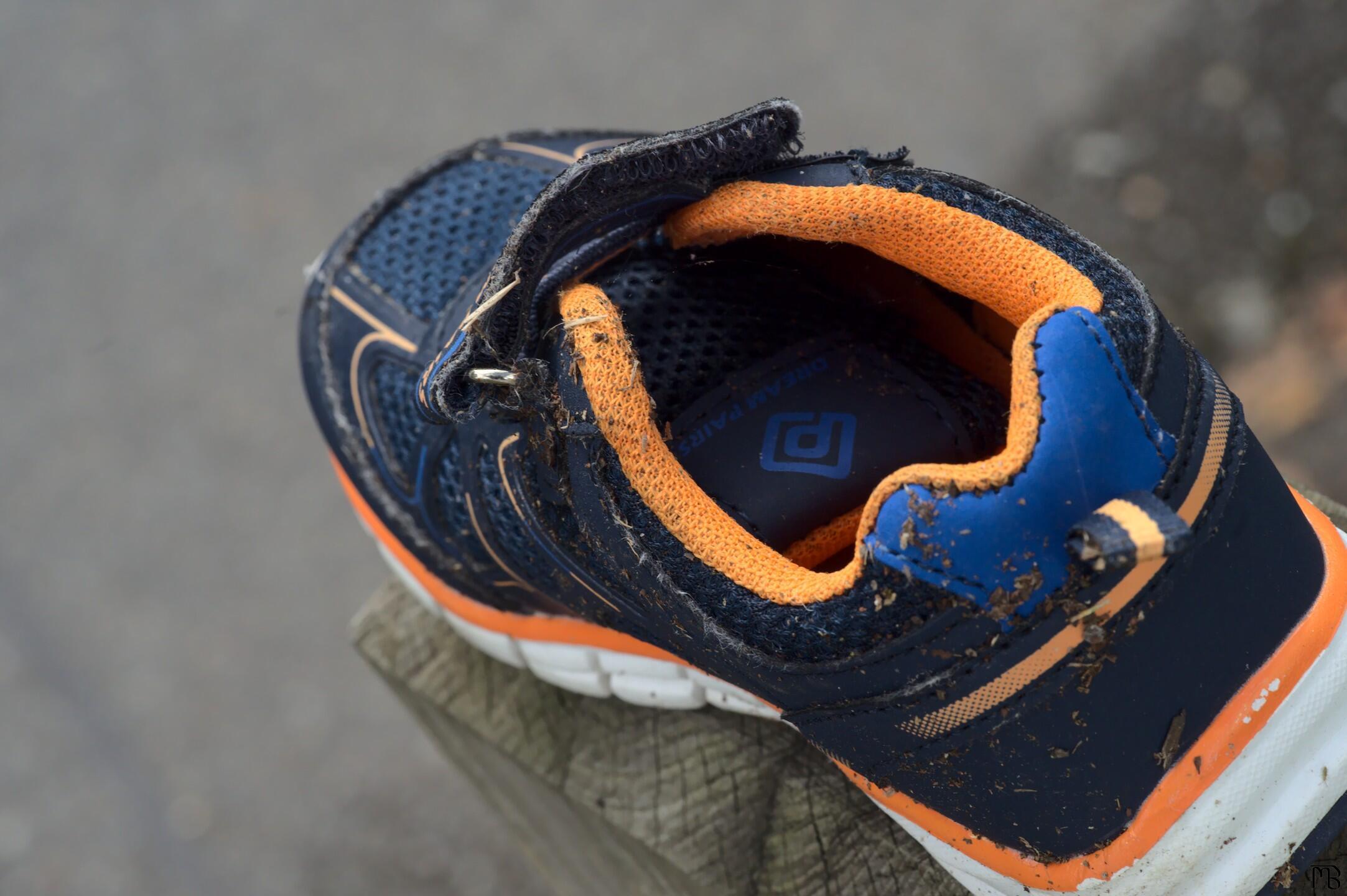 Blue and orange shoe on a post