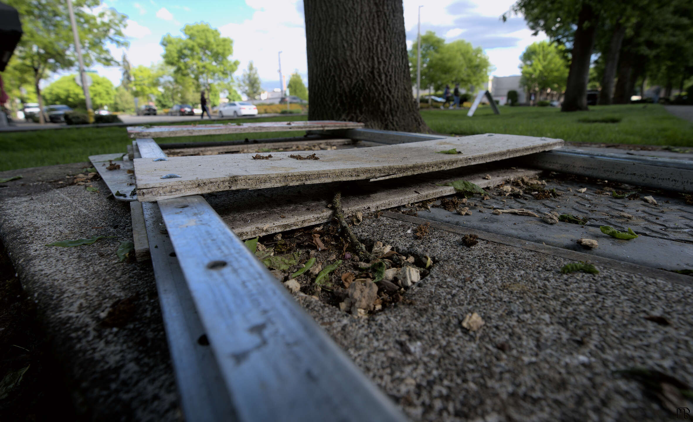 Caution sign on the ground in park