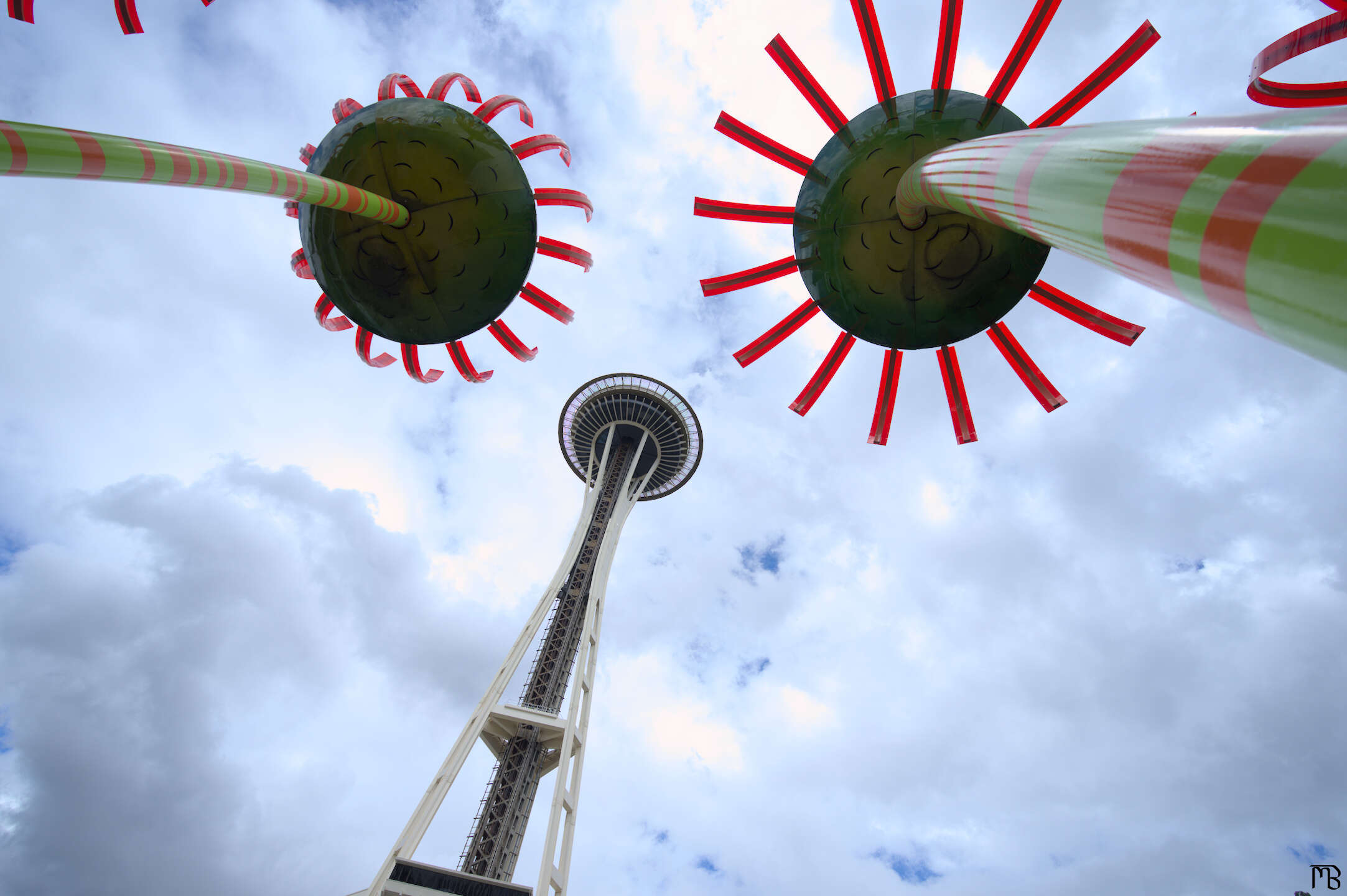 Glass flowers and Space Needle in the sky