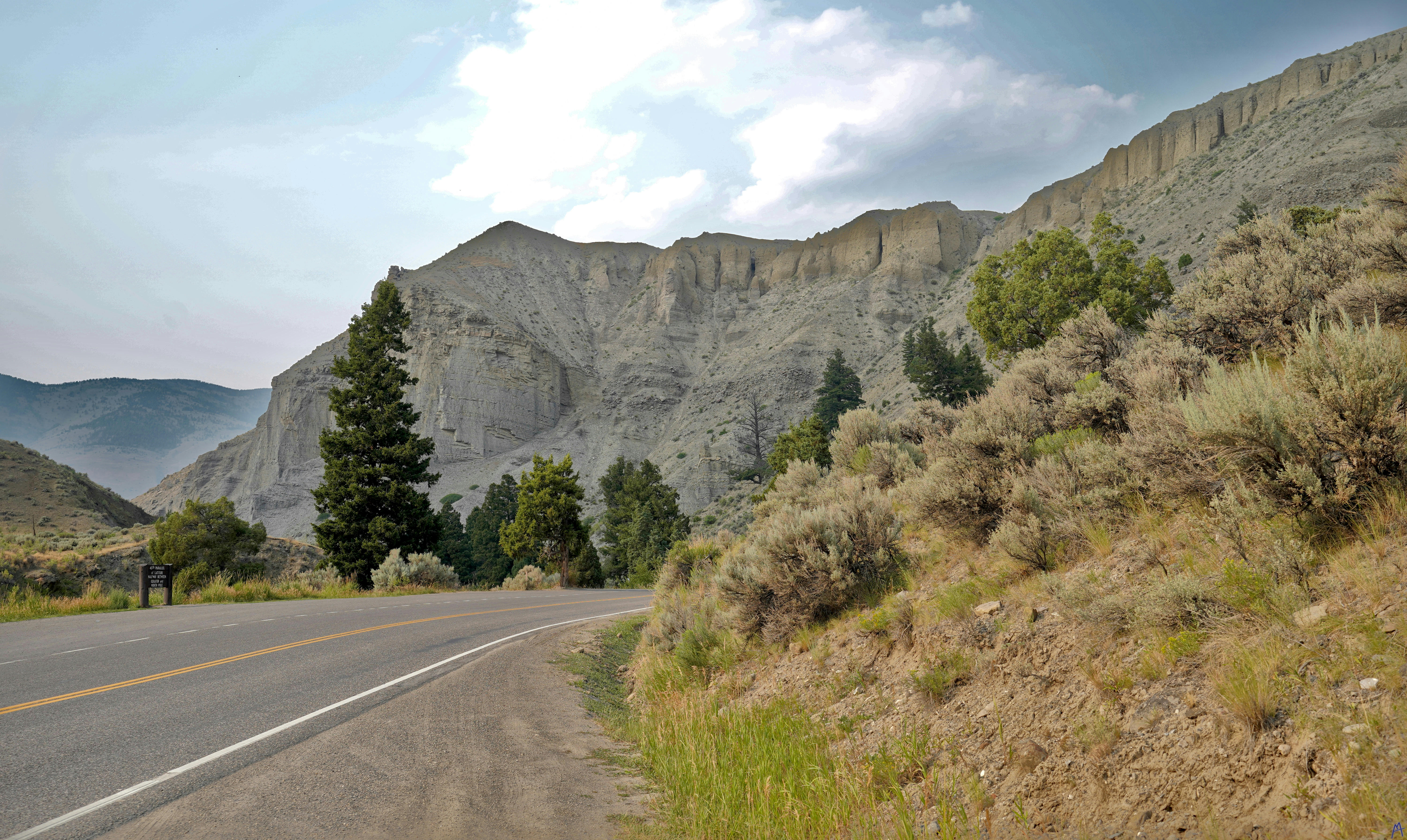 Mountains and bush by road at Yellowstone