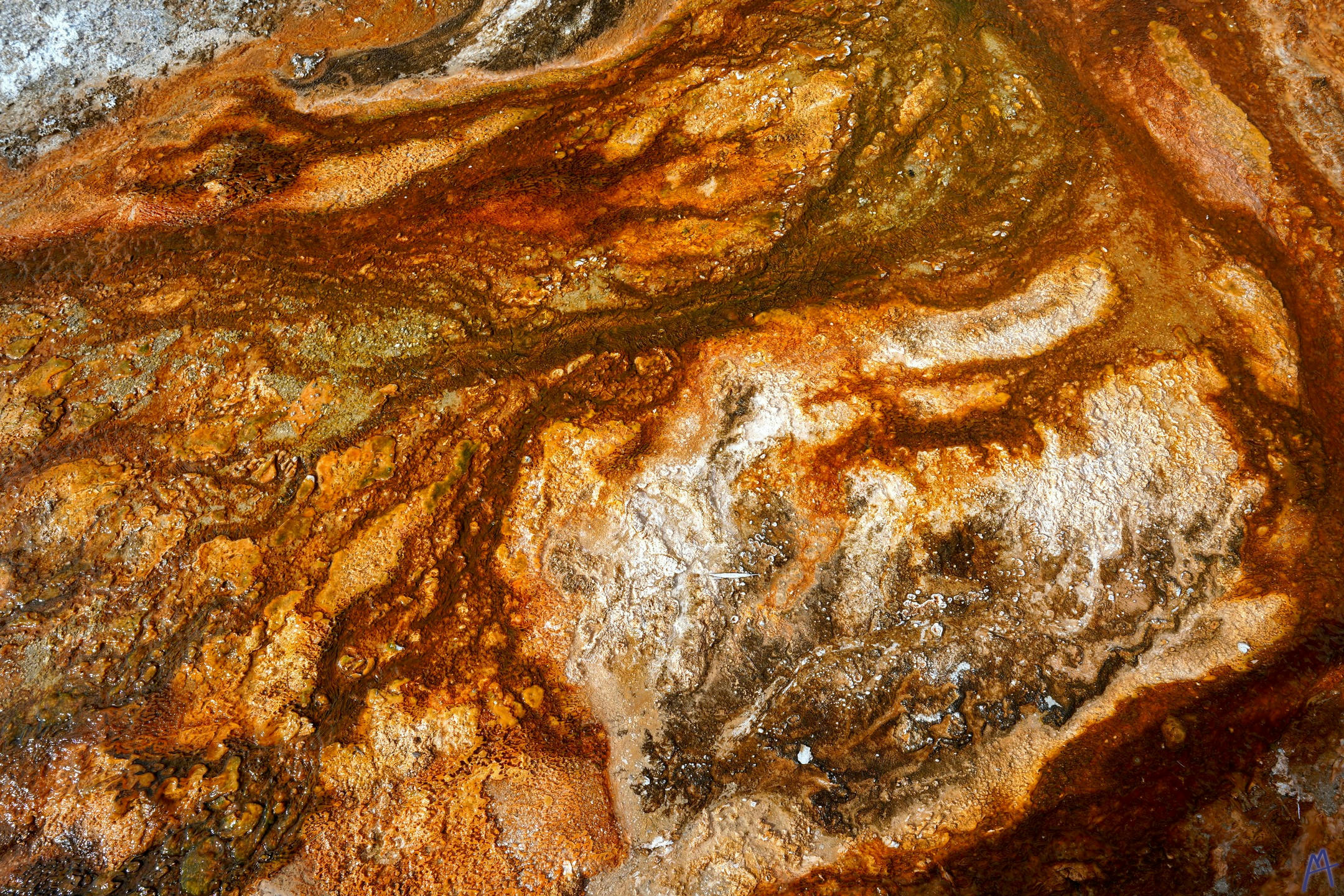 Swirls of orange and black hot spring runoff at Yellowstone