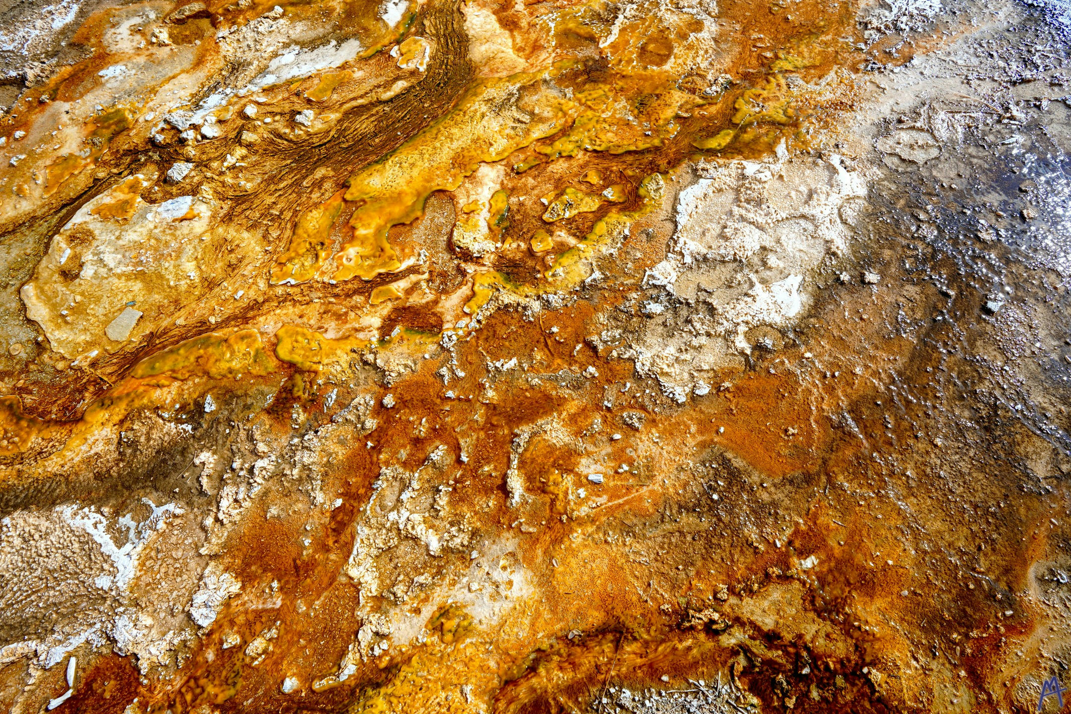 Orange and black swirls of hot spring runoff at Yellowstone