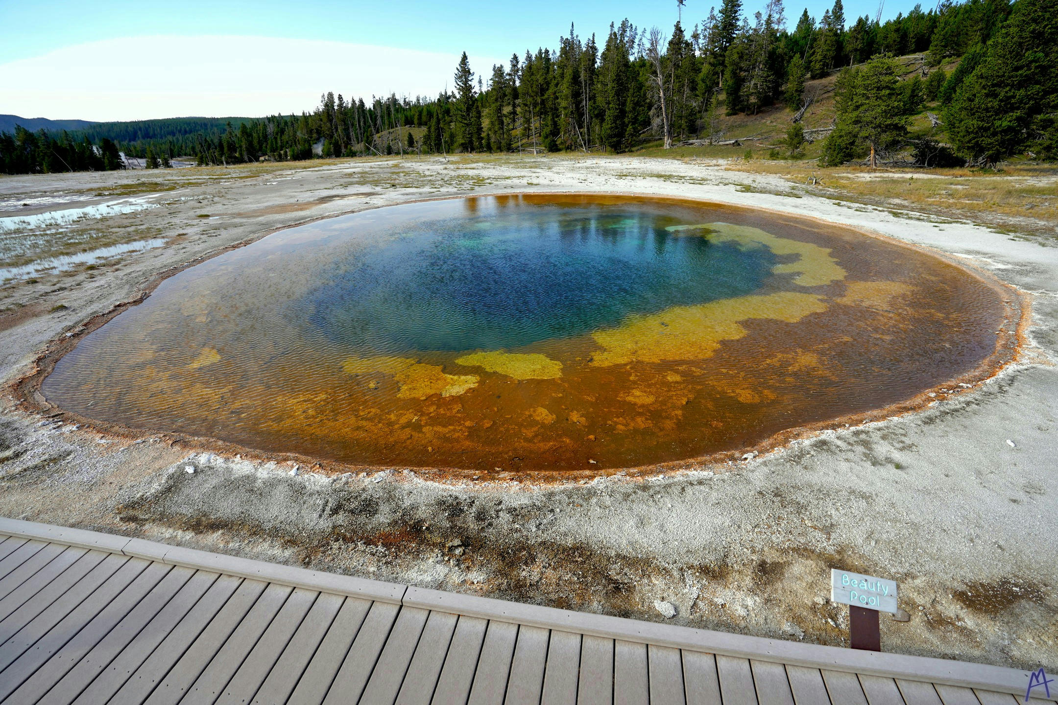 Brown orange and blue hot spring near boardwalk at Yellowstone