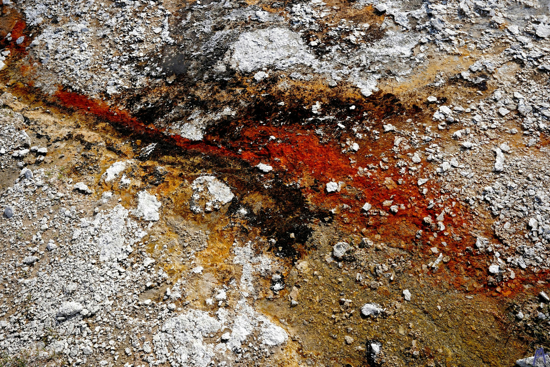 Orange and black hot spring runoff with white dirt at Yellowstone