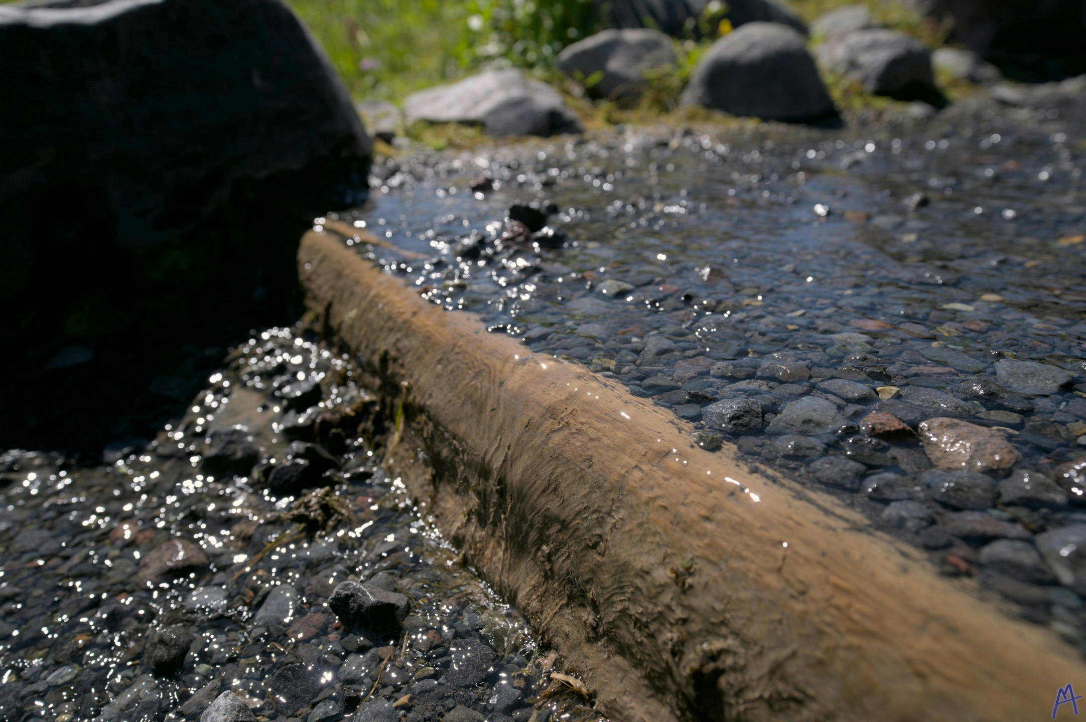 A very small fall in the creek with lots of pebbles at Rainier