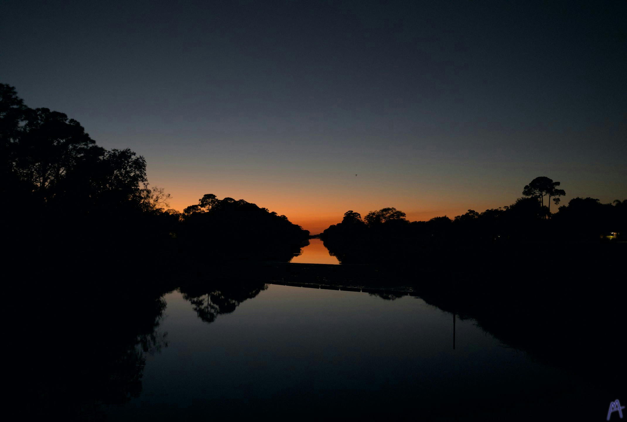 Large canal with orange and blue sunset with a bird flying above