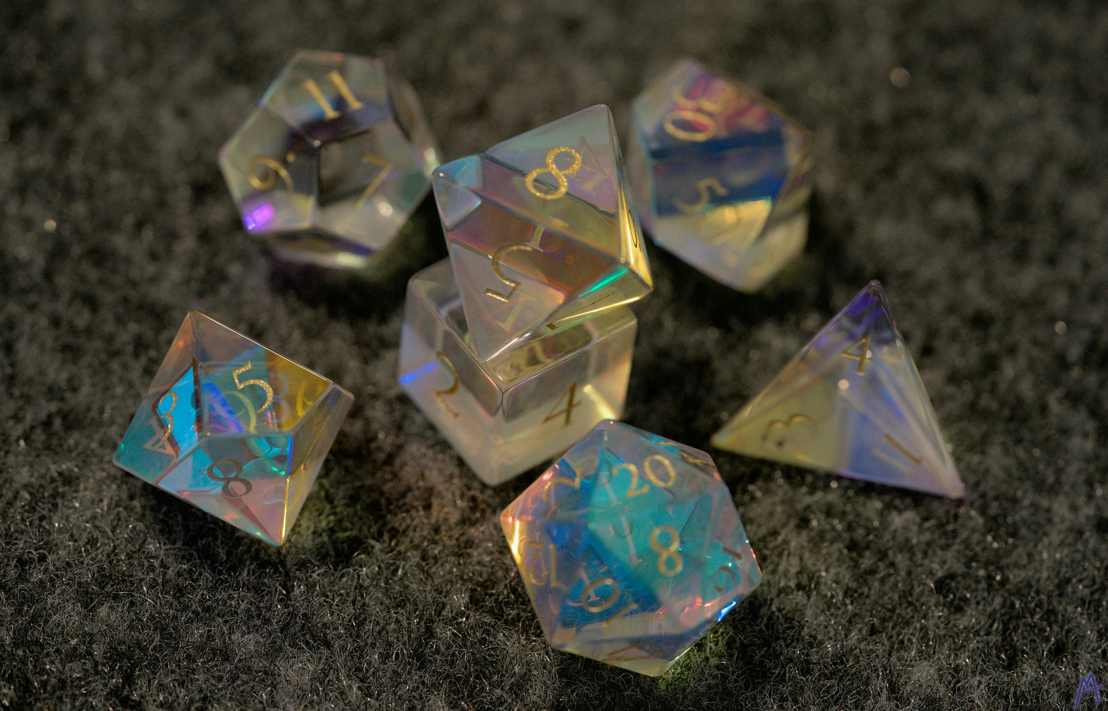 Glass dice on a table