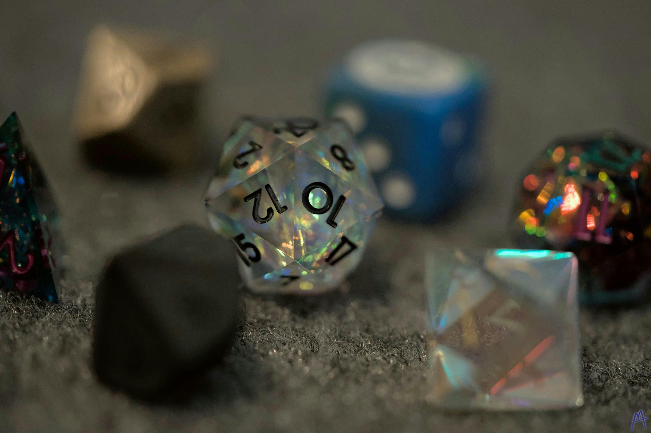 Close up of clear plastic dice