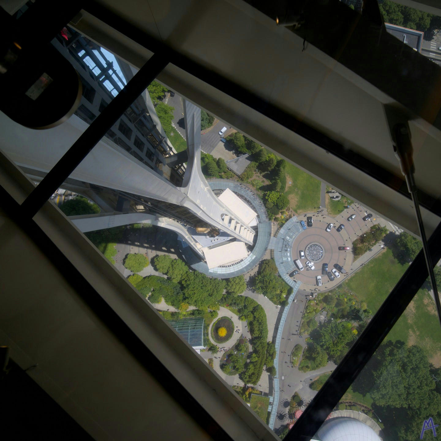 View of the bottom of the Space Needle from a glass floor