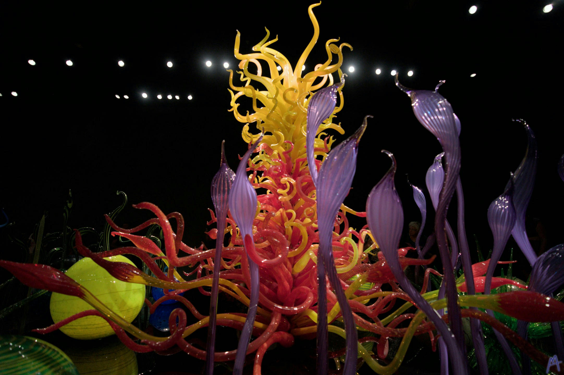 Red and yellow glass sculpture above purple glass plants
