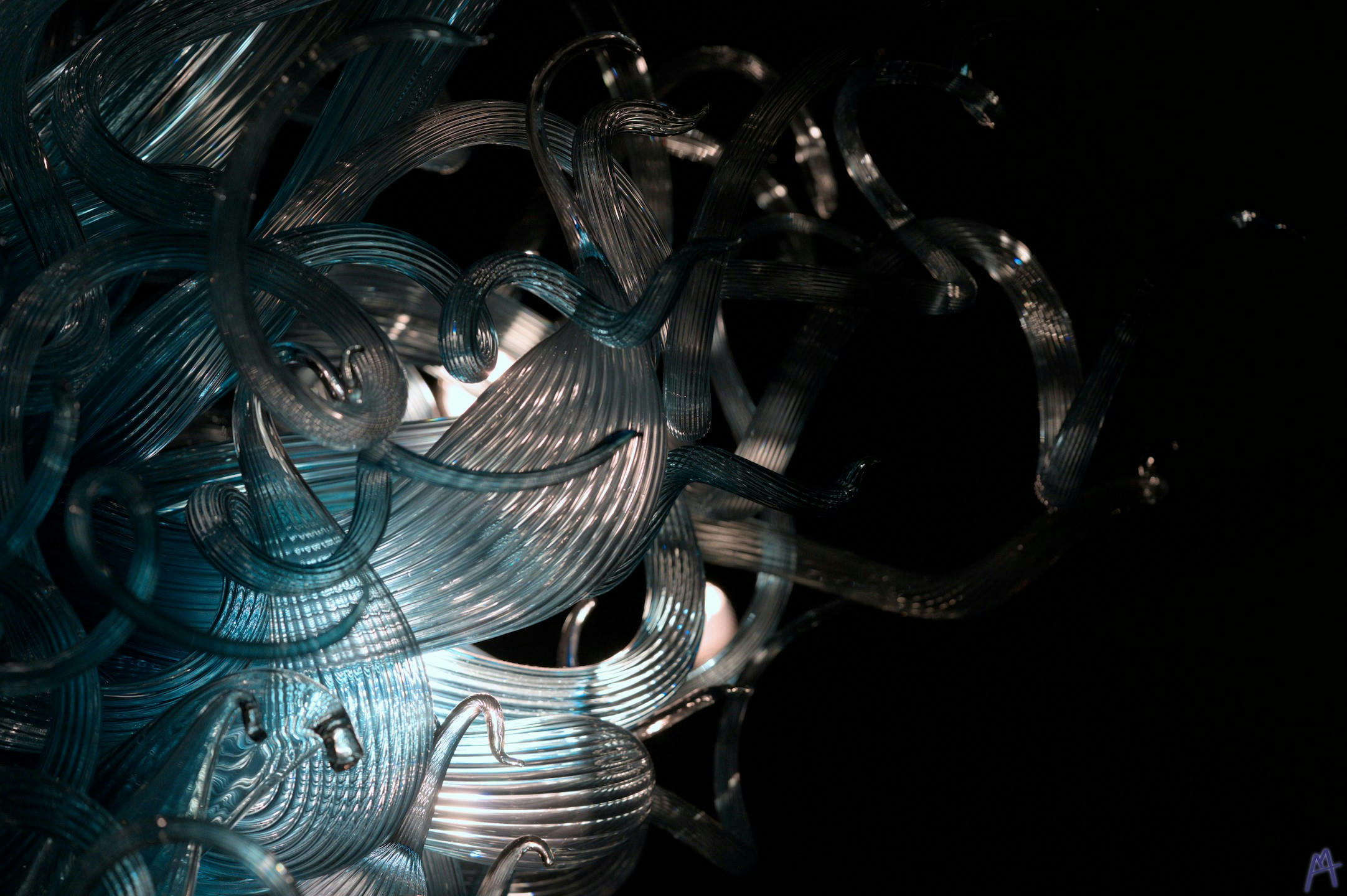 Blue and clear hanging glass sculpture