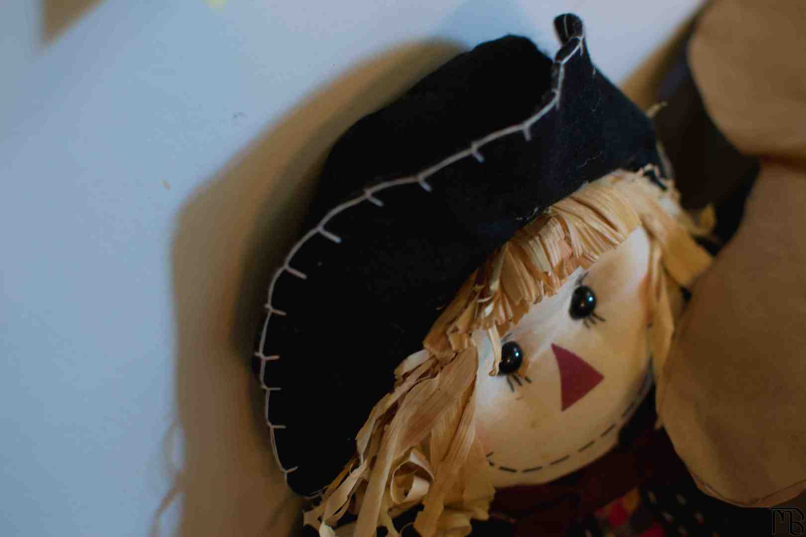 Stuffed scarecrow on table